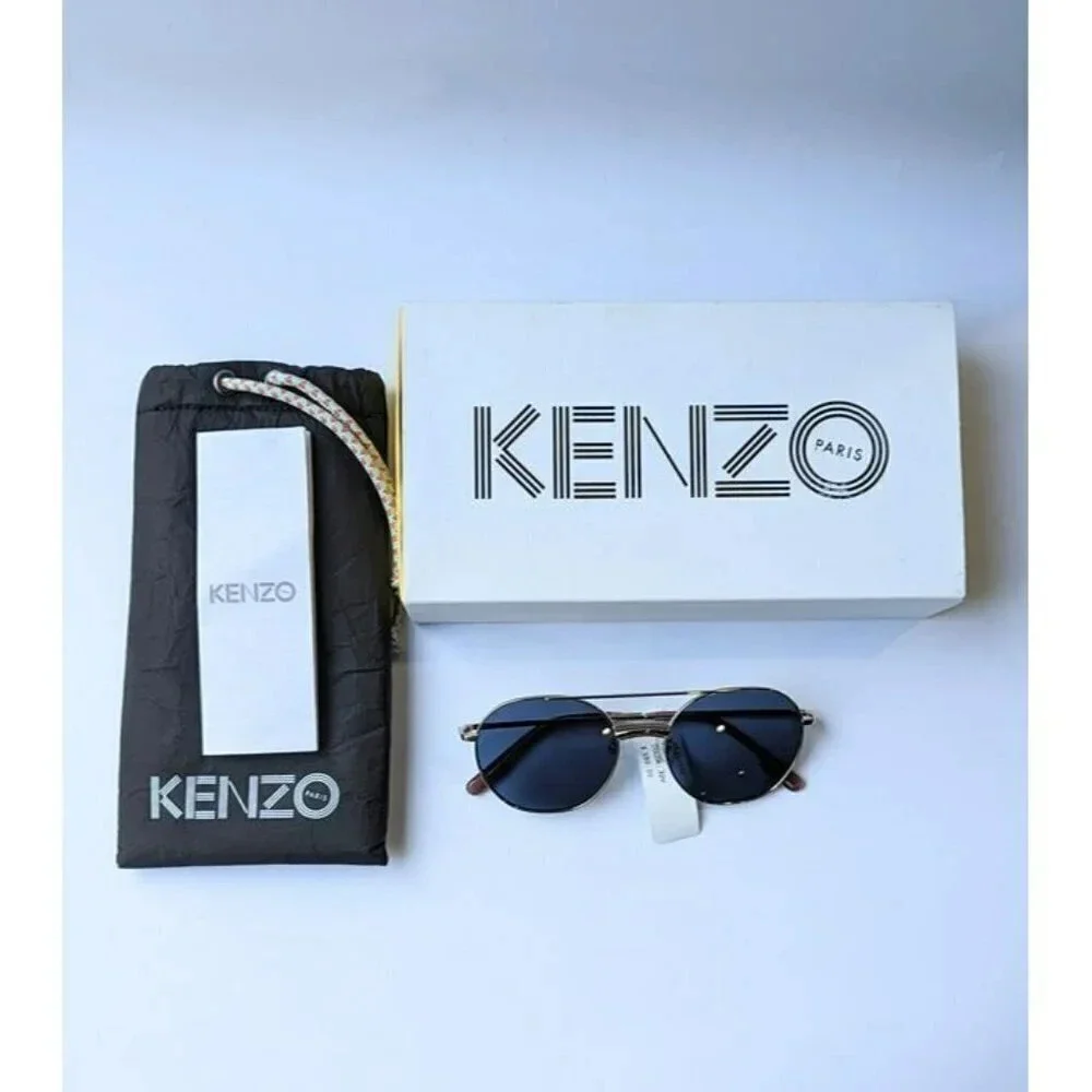 Kenzo KZ40097U Unisex Brow Bar Round Metal Gold & Blue Lens Sunglasses MSRP $180